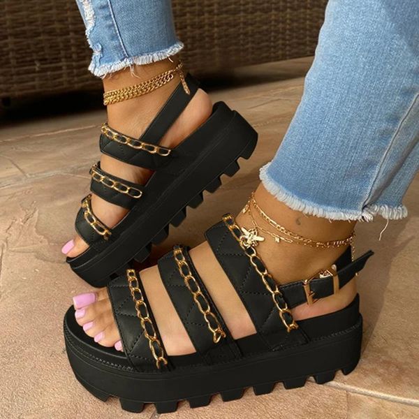 

sandals 2021 summer thick-soled fashion women's outdoor grip non-slip gladiator shoes buckle belt gold chain large size, Black