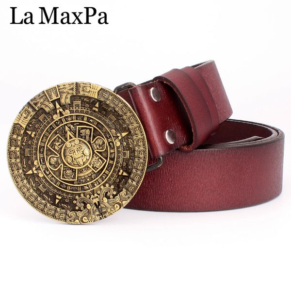 

2021 new men's fashion round buckle sun calendar pattern cow leather mayan aztec personality gift belt for men k8zi, Black;brown