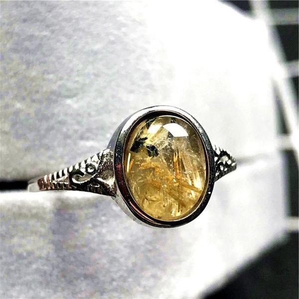 

cluster rings 11x10mm natural gold rutilated quartz ring jewelry for woman man crystal round beads silver gemstone adjustable, Golden;silver