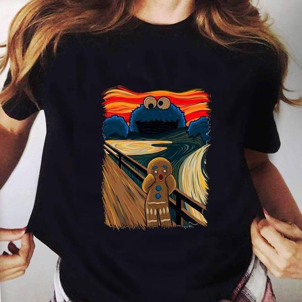 

ulzzang women camisas loose casual tee van gogh punk dropshipping harajuku cartoon print o-neck short sleeve black t-shirt, White