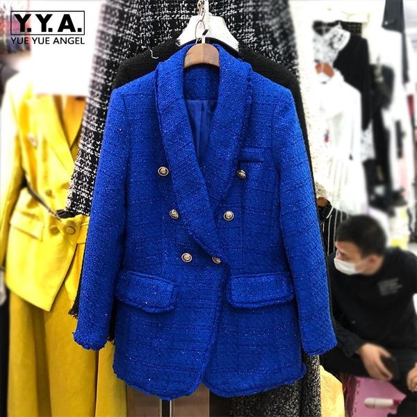 

new womens korean style vintage blue weave tweed jacket office lady short spliced pockets single button casual suits coat, White;black