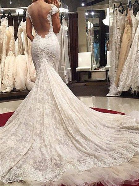 

vestido noiva 2021 sereia branco illusion back lace mermaid wedding es new bridal gowns robe de mariage qd44, White