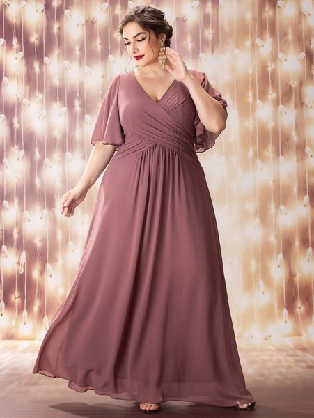 

plus butterfly sleeve crossover chiffon prom dress s3fk#, Black