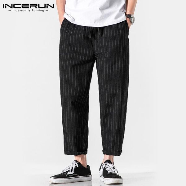 

men's pants incerun men striped joggers drawstring streetwear loose casual retro pantalones hombre cotton 2021 leisure trousers s-5xl, Black