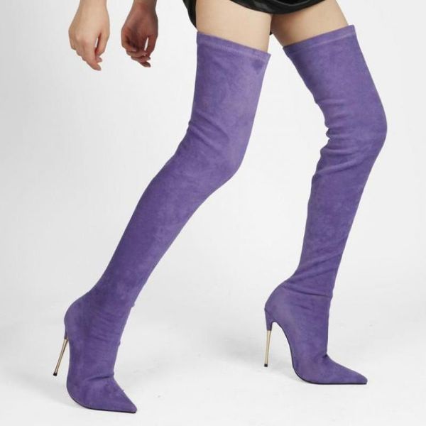 Stivali The Over Knee Stiletto Stretch Sexy Coscia lunga a punta in pelle scamosciata viola Scarpe con tacco alto Donna Zapatos Mujer