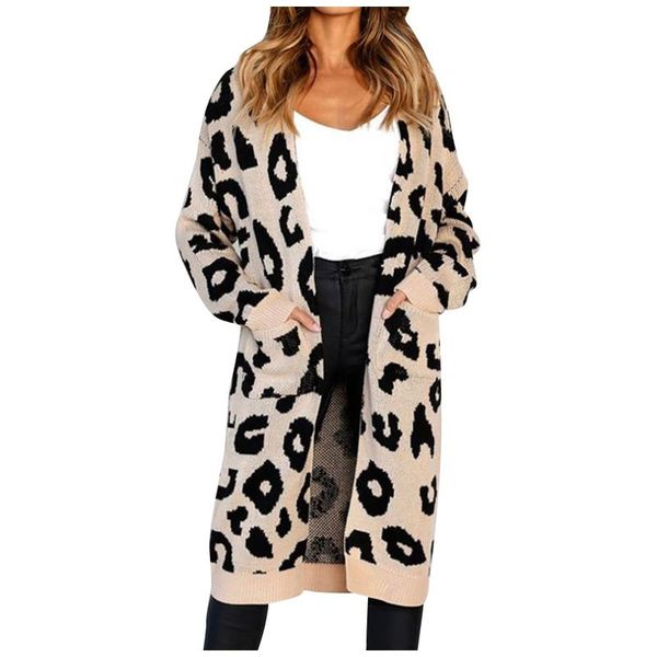 

women's knits & tees autumn loose knitted cardigan fashion leopard print long with pockets streetwear sleeve chaquetas, White