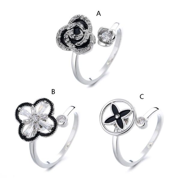 

wedding rings relief for women fidget anti anxiety open ended ring with cubic zirconia flower rotatable worry, Slivery;golden