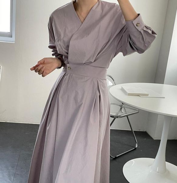 

casual dresses superaen solid simple v neck a-line ankle-length for women, Black;gray