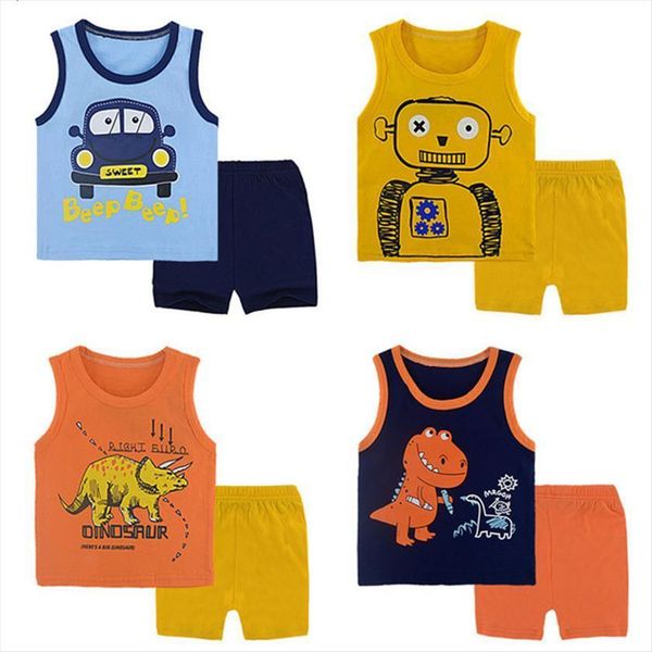 

boys clothing sets summer 100% cotton kids cartoon print clothes sleeveless vest shorts suit toddler tracksuit, White