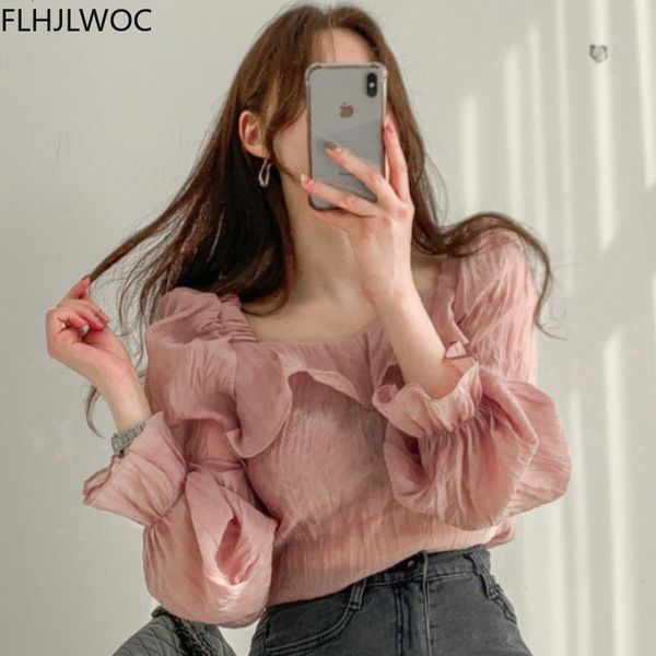 

women's knits & tees south korea chic sweet square collar temperament shirt women summer retro hong kong flavor folds sleeve b, White