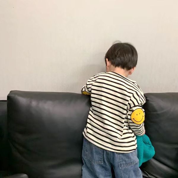 

spring stripe girls' new korean t-shirt round 2021 neck long sleeve children's leisure girl cartoon smile face, Black;white