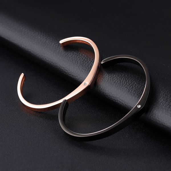 

korean fashion jewelry fashion versatile stainless steel lovers' diamond inlaid bracelet personalized c-shaped opening bracelet, Black