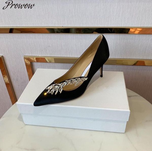 

dress shoes crystal leave brand pumps pointed toe slip on high heels luxury stiletto white wedding woman designer sapato, Black