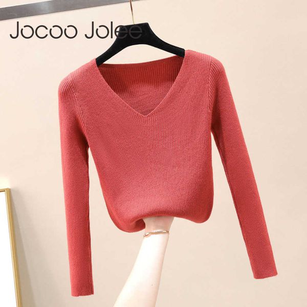 

jocoo jolee korean v neck knitted sweater women winter long sleeve solid all-match slim jumpers casual pullover base 210619, White;black