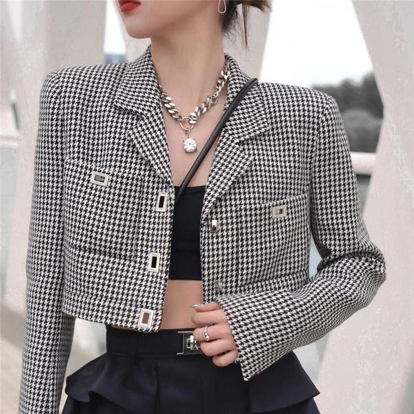 

women's jackets slim high waist short style plaid tweed coat women jacket outwear buttons pockets autumn veste femme chaqueta mujer, Black;brown