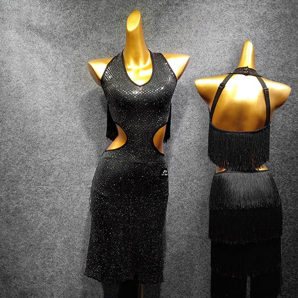 

new dance dress women latin dance costume fringe skirt sequin dress with bra pant practice competition suit latin dancewear1456, Black;red