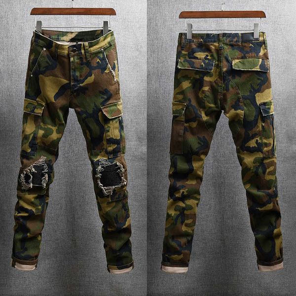 

fashion streetwear men jeans slim fit camouflage pathes designer ripped denim punk trousers big pocket hip hop cargo pants homme, Blue