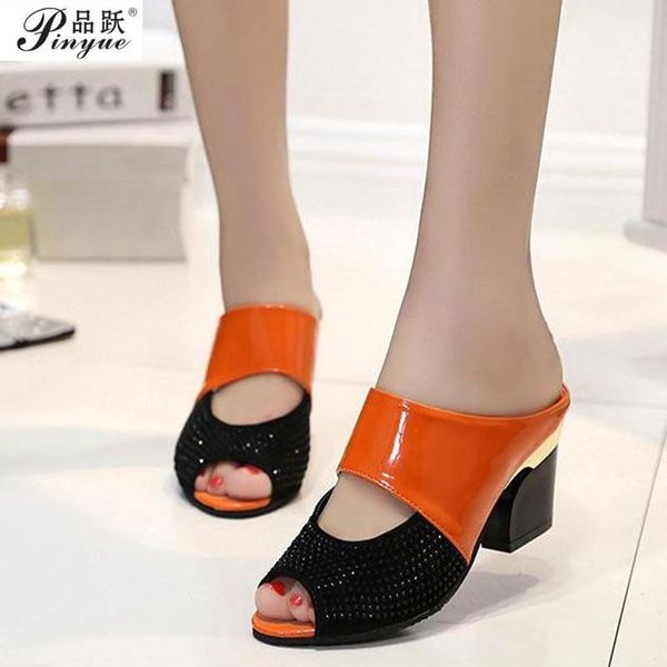 

women sandals square heel summer shoes woman fashion slides cut-out open toe slip on mothers sandals female bling slippers, Black