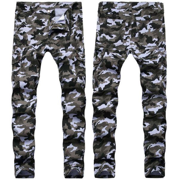 

mens jeans fashion pants camouflage overalls pocket design stretch trousers motorcycle jeans washed denim trousers long pencil pants, Blue