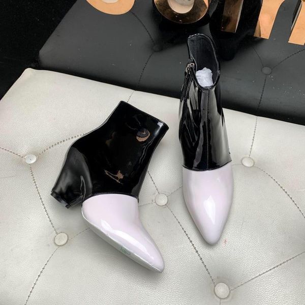 

boots patent leather woman ankle 2021 spring/autumn luxury designer brand high heel pointed toe classic shoes, Black