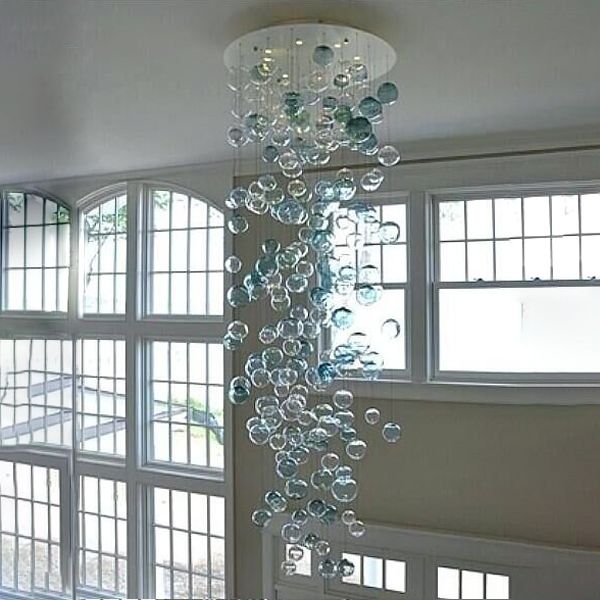 Lampadari a sospensione in vetro di Murano nordico Lampadari a sospensione Lampadari a LED rotondi in cristallo per scale Soggiorno Hall Decorazione artistica Turchese Colore blu trasparente