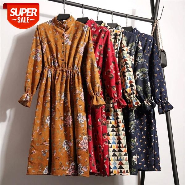 

corduroy floral printed midi winter dress women single breasted long sleeve elegant vestido elastic waist slim dress high street #y43y, White;black