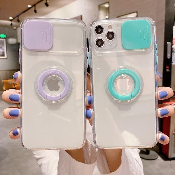 

cell phone pouches slide camera protection clear case for 11 12pro max 12 xs xr 7 plus candy color ring holder soft back cover