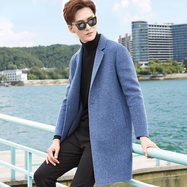 

men's wool & blends 2021 autumn winter casual single breasted mens overcoat cashmere jacket men turn-down collar long woollen wind coat, Black