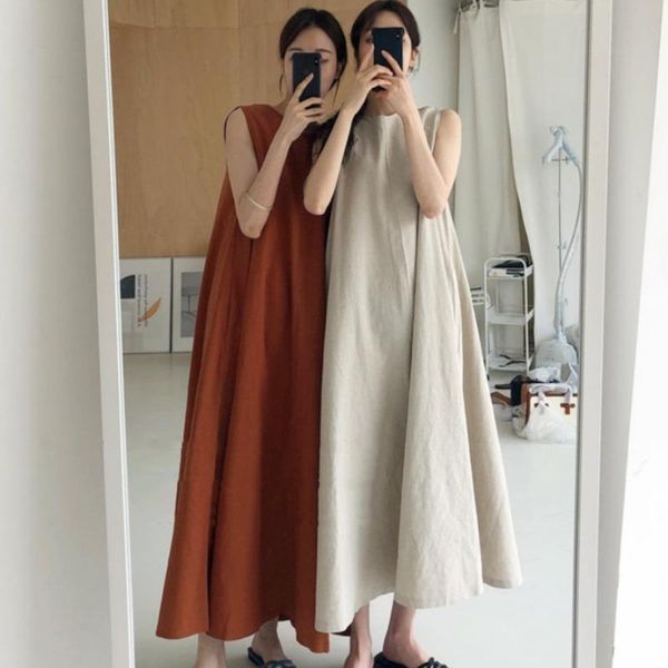 

casual dresses [ewq] summer 2021 dress chic loose swing sleeveless mid-length cotton linen long high waist women runway, Black;gray
