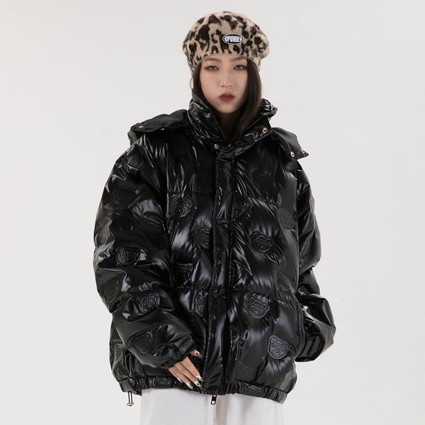 

2021 new down jacket men glossy solid bear print parka coat winter warm oversized high street advanced fashion couple streetwear d3oi, Black