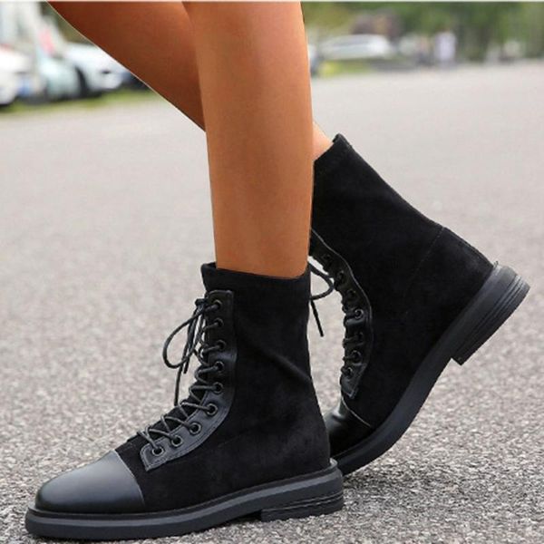 

boots cross strappy booties women lady fashion retro winter lace up flock warm soft lining ankle cool solid color boot botas, Black