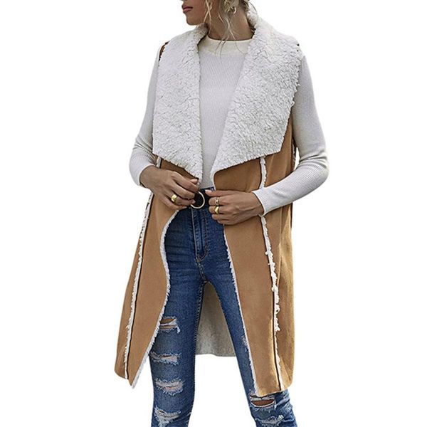 

women's trench coats autumn winter women faux fur turn-down collar sleeveless cardigans open front fashion streetwear patchwork long ou, Tan;black