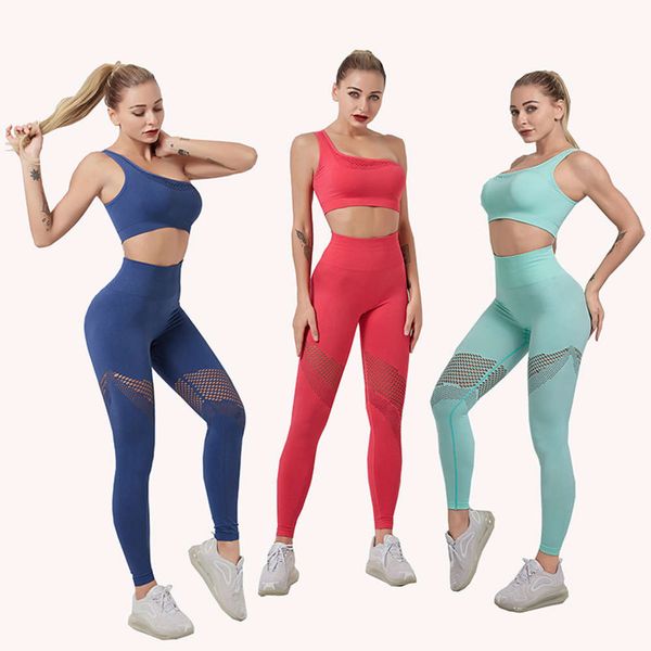 

ins net red fitness suit one shoulder sports gathered bra high waist hollow yoga pants, Gray