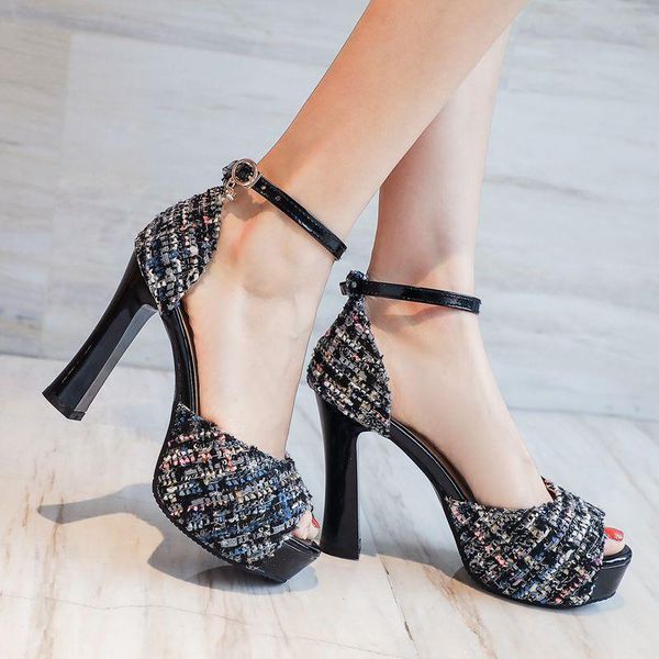 

dress shoes coolulu 2021 ladies plaid sandals block high heel party women peep toe ankle strap pumps size 33-43, Black