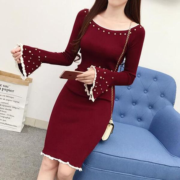 

casual dresses winter dress women tunic knitting autumn pearl sweater slim vintage long sleeve basic lm031, Black;gray