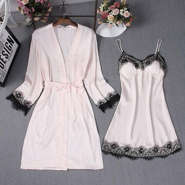 

2pcs lady v-neck backless nightgown sleep suit spring kimono robe gown set casual faux silk sleepwear lace night dress, Black;red