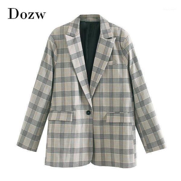 

fashion women office plaid suit blazer 2021 long sleeve notched collar loose jacket ladies single breasted casual outwear coat women's, White;black
