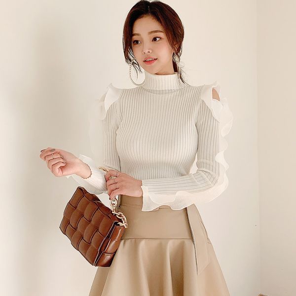 

long-sleeved high-style korean neck jumper thin mesh pullovers off the female shoulder s t7542 qyhs, White;black