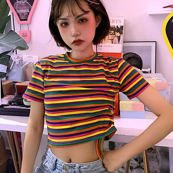

new t shirt women rainbow striped harajuku tshirt 2021 summer short sleeve drawstring fashion o neck korean punk t-shirt, White