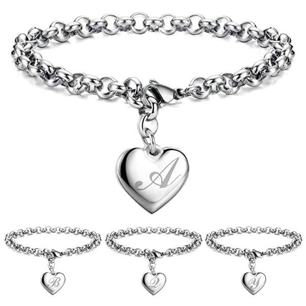 

charm bracelets fashion summer initial alphabet jewelry stainless steel heart 26 letters link bracelet for women gifts, Golden;silver