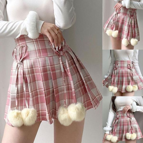 

skirts women all-match hair ball a-line mini skirt plaid cute girls dance cosplay preppy uniform school short, Black