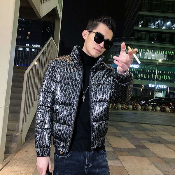 

autumn and winter new korean trend slim fashion handsome thickened down cotton jacket long sleeve jacket for men, Black