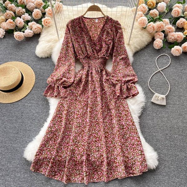 

casual dresses singreiny women french floral dress long sleeve v neck elastic ruched a-line autumn elegant boho print vacation, Black;gray