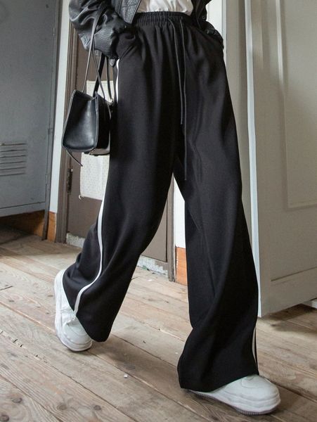 

dazy contrast side seam drawstring waist wide leg pants d6i6#, Black;white