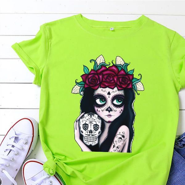 

vogue skull day of the dead t shirt women kawaii leisure tshirt aesthetic lovely ropa mujer summer tshirt harajuku, White