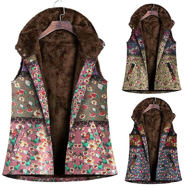 

women's vests women vintage warm waistcoat sleeveless retro printed slim fit vest jackets with pockets thicker hasp hooded coat 2021, Black;white
