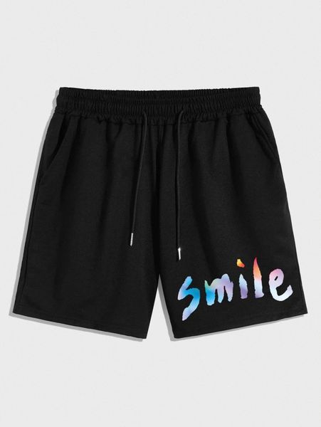 

romwe guys letter graphic drawstring shorts 25mb#, Black