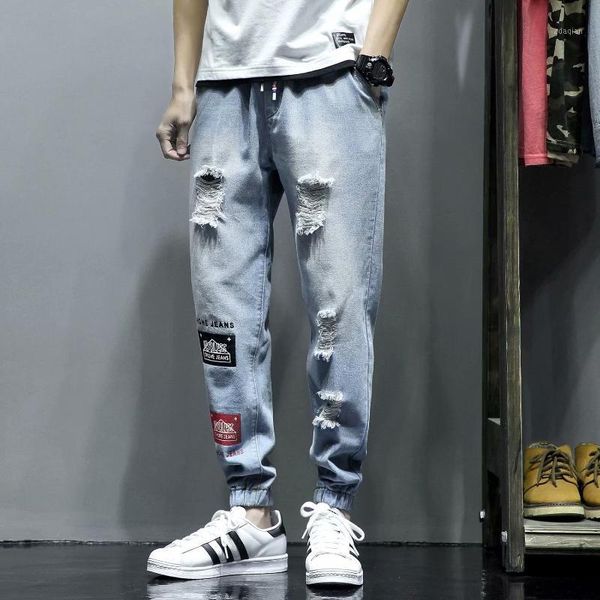 

men's jeans summer men ankle-length denim pants loose lightweight male fashion casual man drawstring, Blue