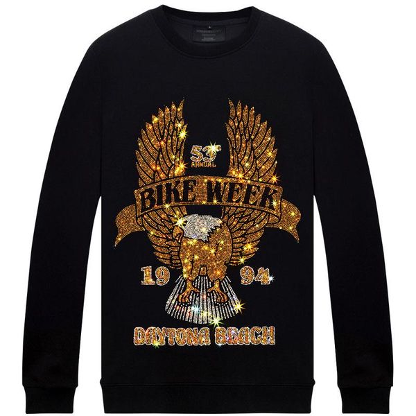 

men's hoodies & sweatshirts plus size 6xl fashion eagle rhinestone sweatshirt hoodie black white loose fit pullover for male