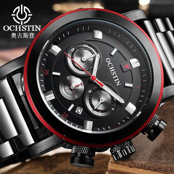 

ochstin sport watch men genuine leather steel chronograph men wrist watch quartz relogio masculino, Slivery;brown